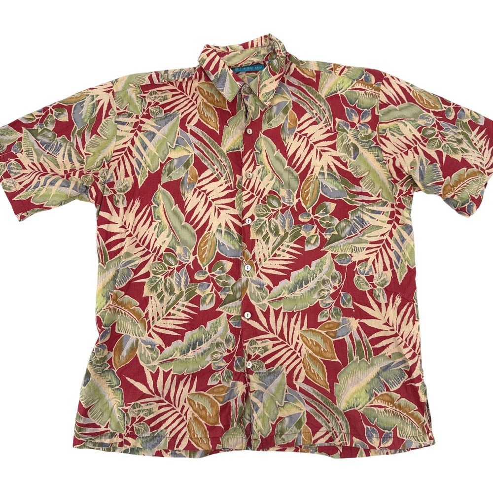 Tori Richard Mens Hawaiian Shirt M Red Tropical Leaf Print Button Down Aloha